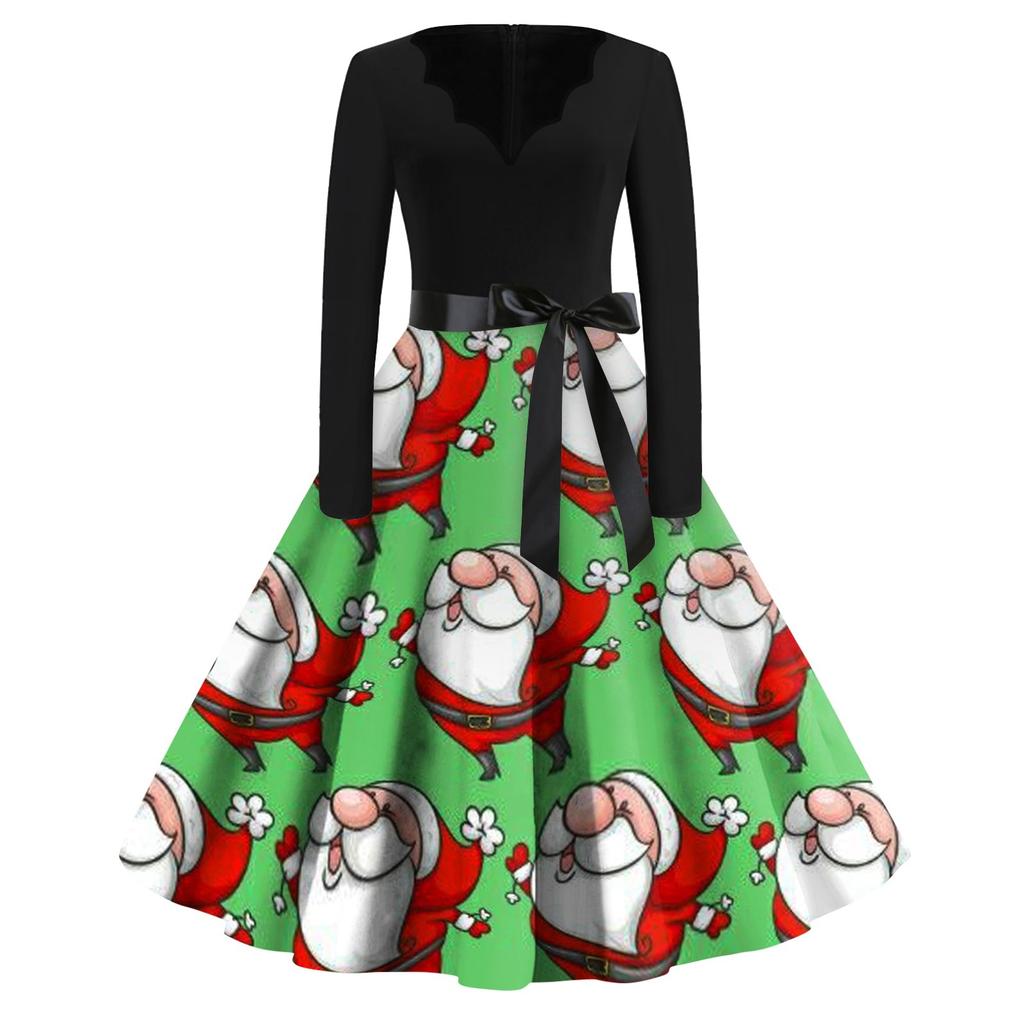 Women's Casual Fashion V Neck Long Sleeve Christmas Printed Vintage Long Dress