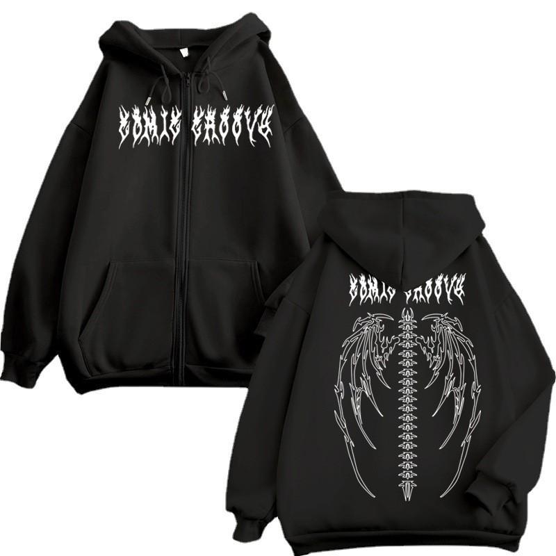 Y2K Vintage Streetwear Hoodie Women - Oversized Batwing Sleeve Print Pullover Gothic Minimalist Style