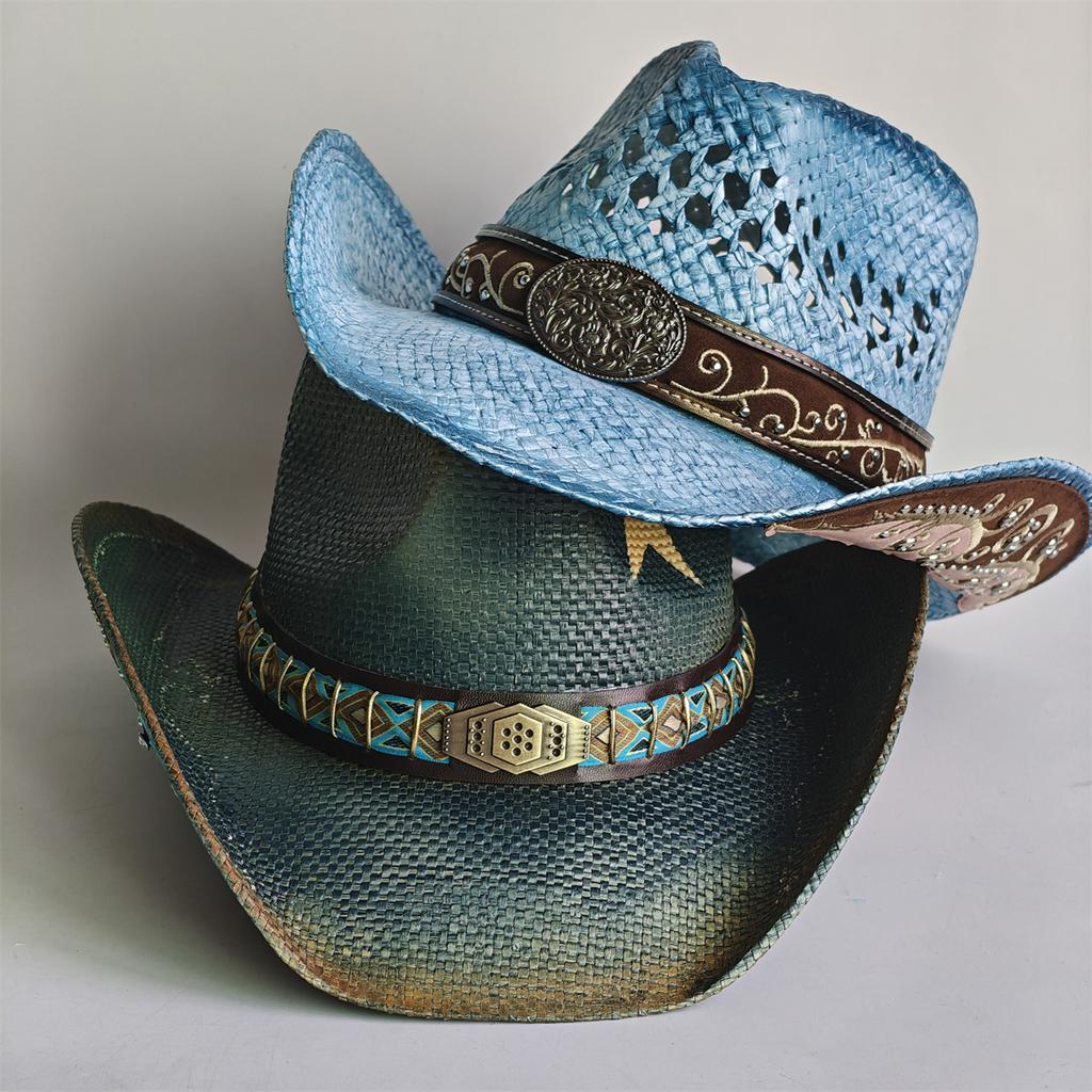 Blue Gradient Straw Cowboy Hat For Women And Men – Western Sun Hat For Country Concert Rodeo And Cowgirl Outfits