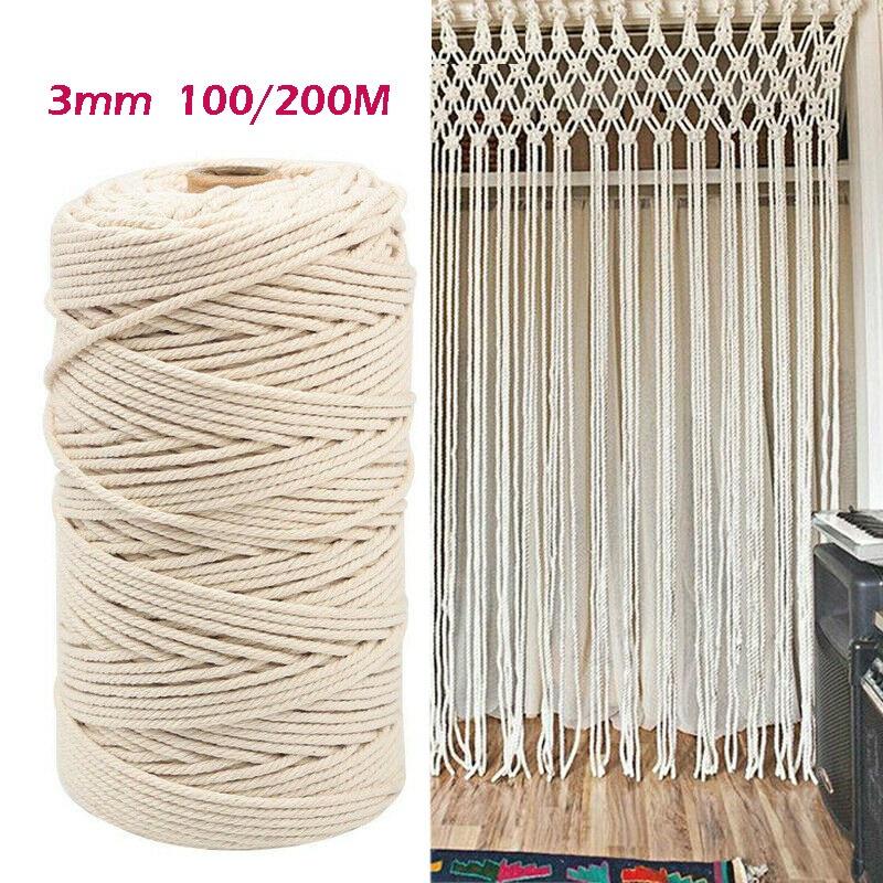 100/200 м 3 мм натуральный бежевый хлопковый витой шнур ремесленная веревка для макраме DIY ремесло