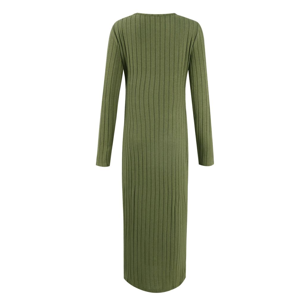 Long Sleeved Round Neck Slit Knitted Long Dress For Women