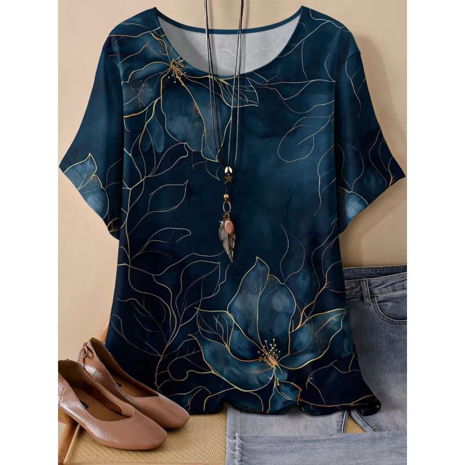 XL-7XL Plus Size Women's Casual 3D Print Loose Round Neck Short Sleeved T-shirt Top