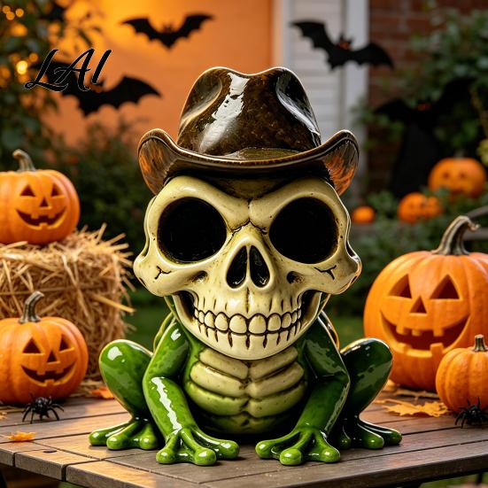 Frog Sculpture for Collection Halloween Skull Figurine Small Resin Sculpture Collectable Art Piece Spooky Ornament Home Office Table Shelf