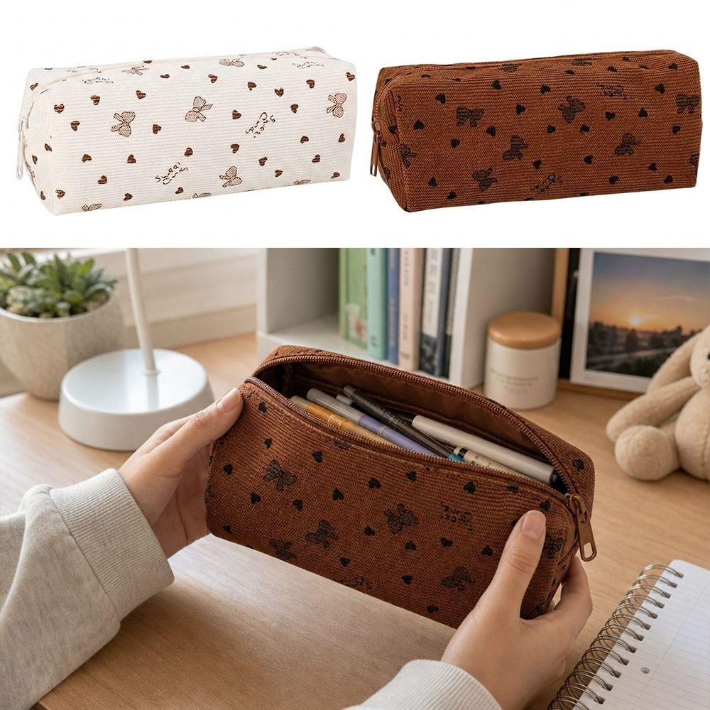 Bow & Heart Print Pencil Case Large Capacity Stationery Bag Simple Pen Bag Students