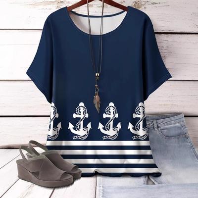 XL-7XL Плюс Размер Короткие Рукава Круглый Вырез Футболка Для Женщин Топы 3D Печать С Якорем Рисунок Футболки