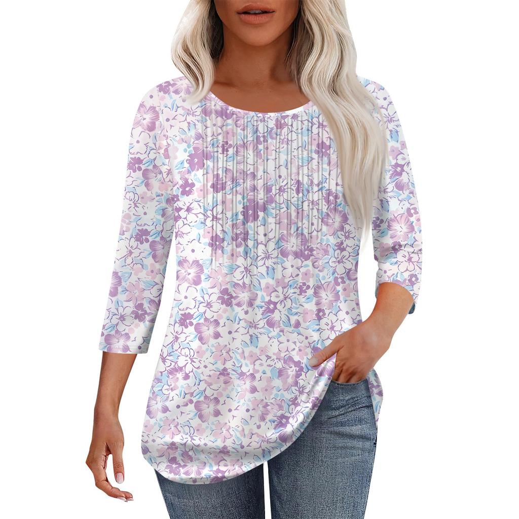 Женская модная повседневная плиссированная футболка с круглым вырезом и рукавами три четверти с повседневным цветочным принтом