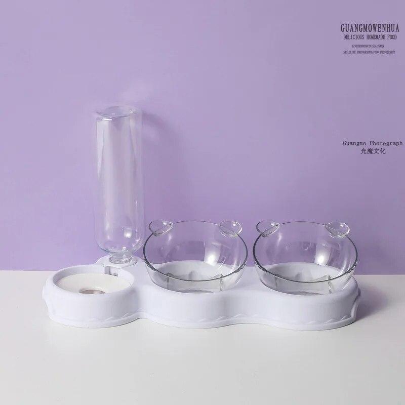 Cat Double Bowl Splash-proof Dual-use Automatic Water Feeder Drinking Basinanti-overturning Pet Dog Plate 1.8 L Large Bottle