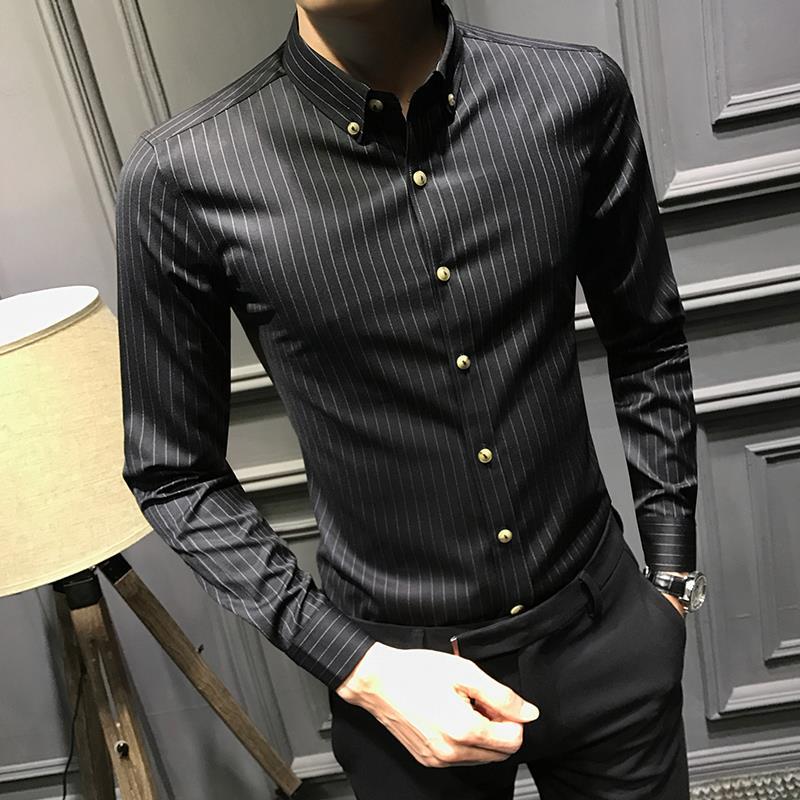 Men Dress Shirts Men Dress Vertical Stripe Streetwear Slim Men Shirt Casual Long Sleeve Shirt