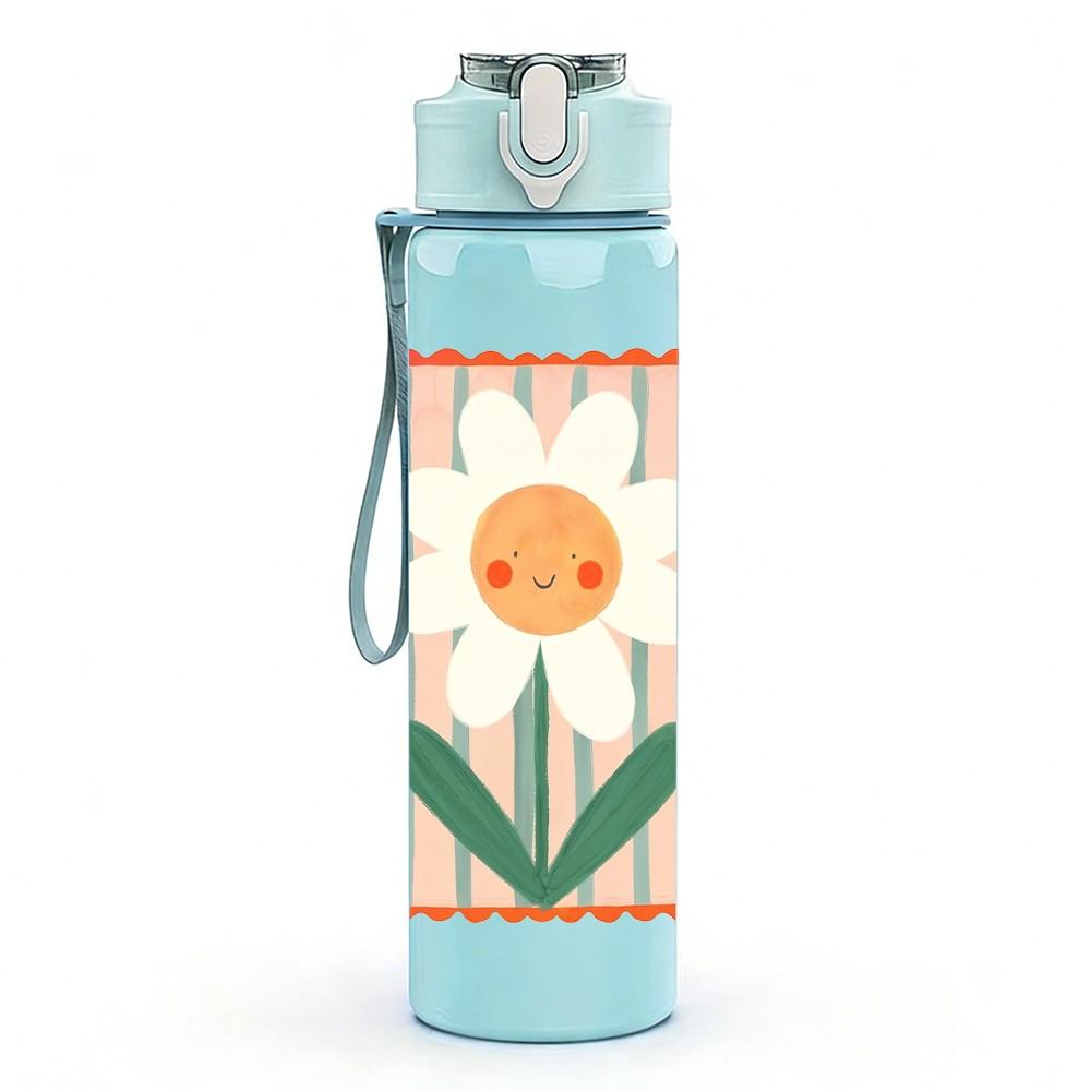 1PC Daisy Flower Frame Pattern 750ml Color Plastic Sports Water Bottle Leakproof Flip Straw Lid Suitable for Sports Office Home Use