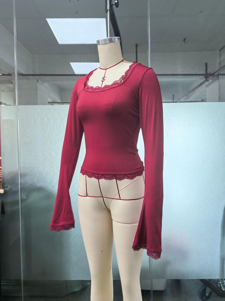 2025 Autumn/Winter Sexy Ribbed Lace-Trimmed Long-Sleeve U-Neck Top