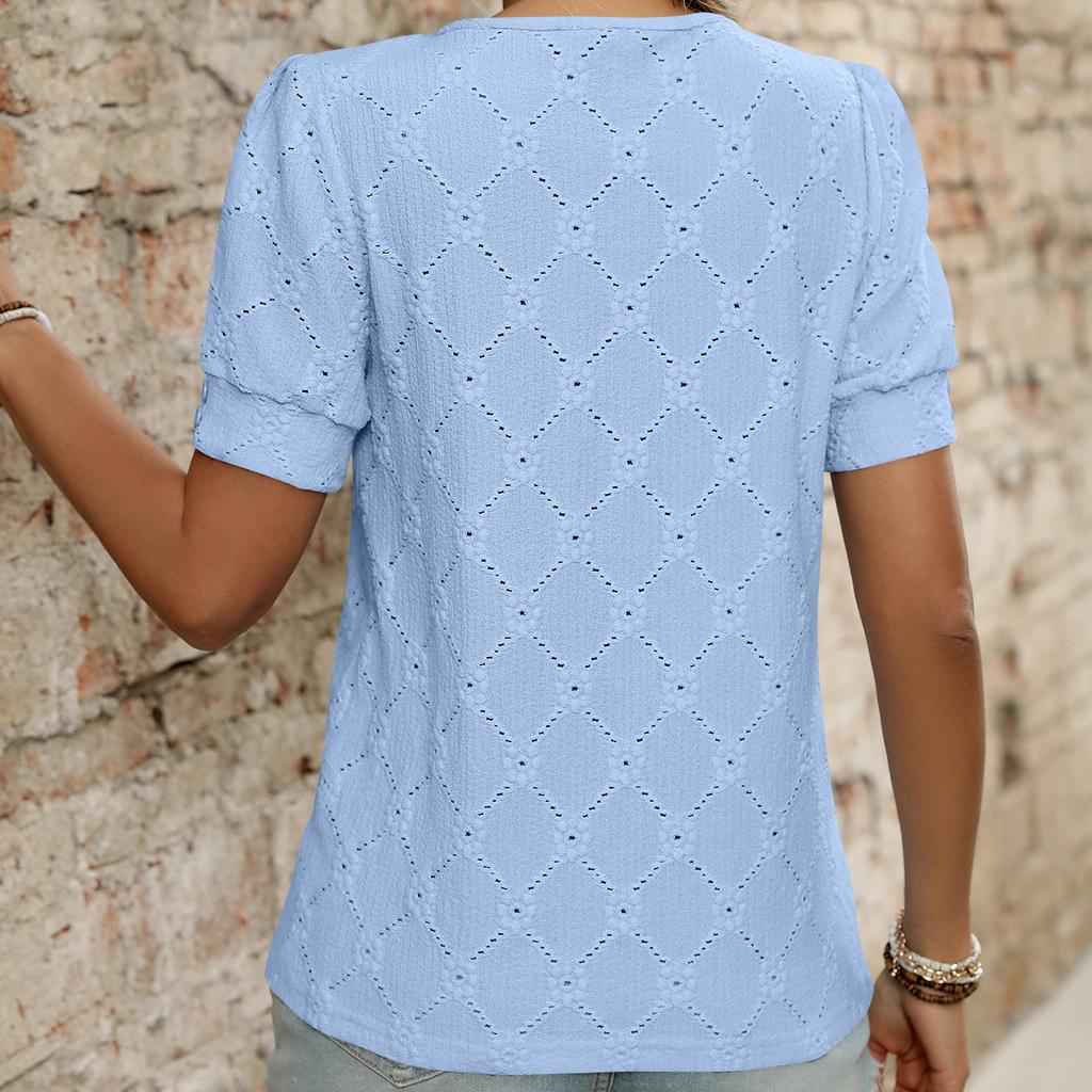 2025 Весна/Лето Новая однотонная футболка с круглым вырезом и коротким рукавом на пуговицах с открытыми плечами