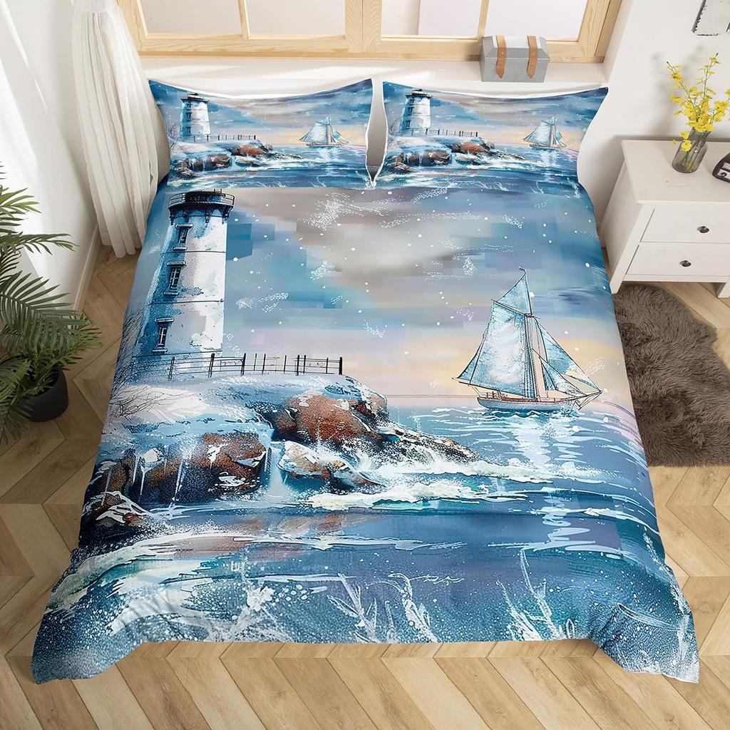Nautical Comforter Cover Sailboat Lighthouse Duvet Cover Watercolor Ocean Themed Bedding Set Summer Beach Polyester Quilt Cover