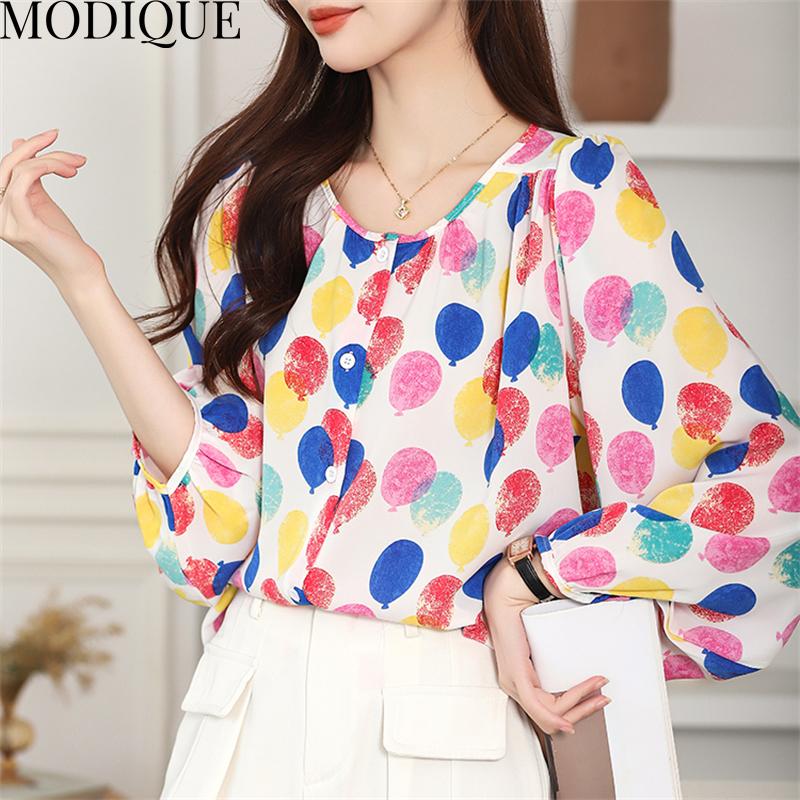 MODIQUE весна лето большие размеры женские свободные повседневные элегантные хлопковые льняные шифоновые блузки с цветочным принтом рубашки женские базовые с круглым вырезом пальто с пышными рукавами