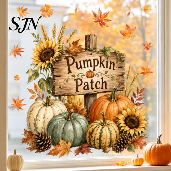 Indoor Outdoor Glass Decor Autumn Maple Leaf Pinecone Scarecrow Pumpkin Static Window Clings, Waterproof PVC Cling Decals Stickers, Removable Seasonal