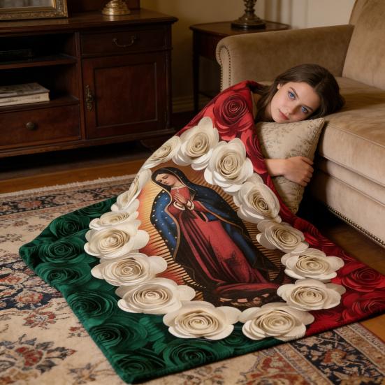 Плед с изображением Девы Марии и роз Мягкий религиозный плед Уютный плед-покрывало для дивана и кровати Домашний декор для христианской молитвы и медитации