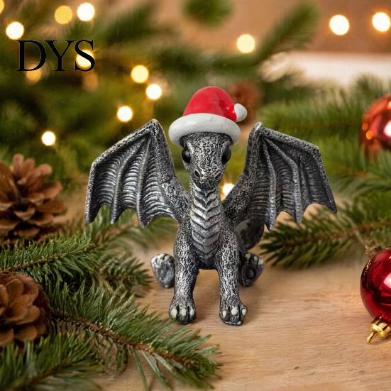Detailed Dragon Ornament Santa Hat Figurine Ornament, Retro Resin Christmas Ornaments Decoration, Distressed Statue for Desktop Tree Decor Fantasy