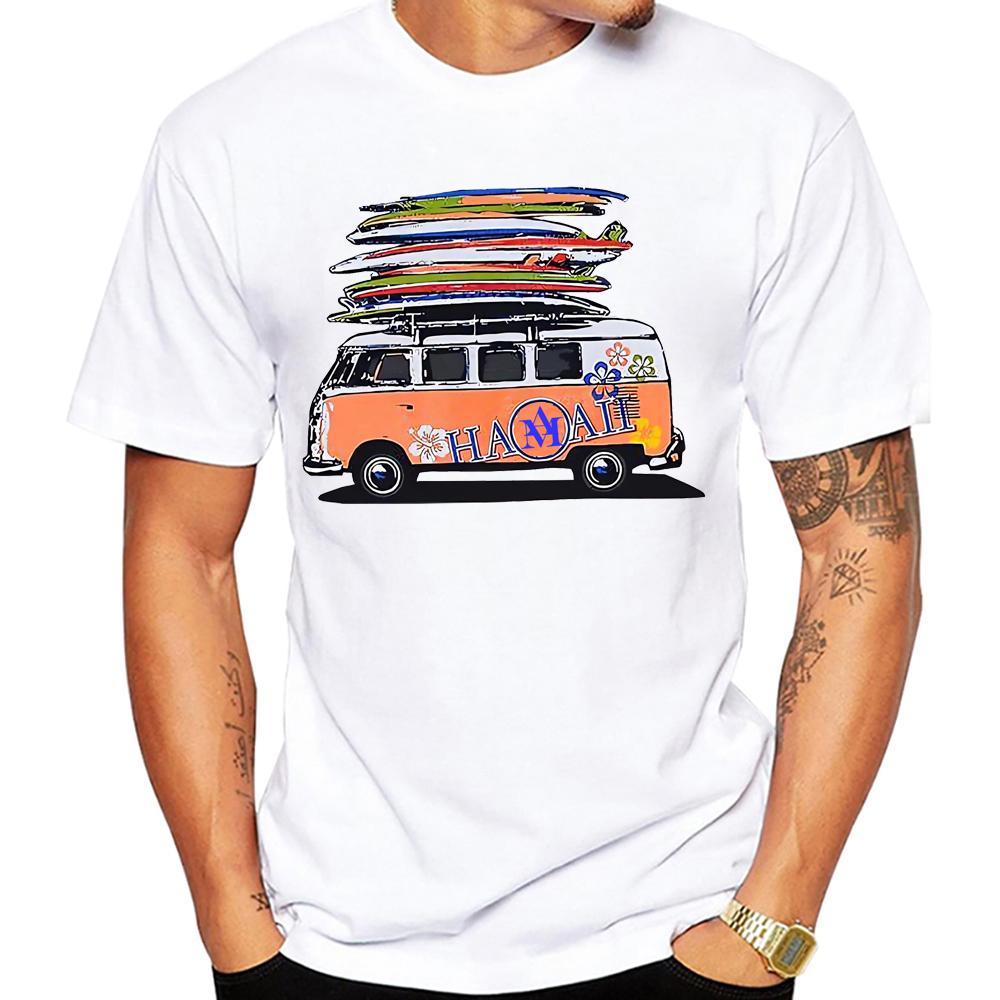 Rotre Beach Scene Cars Tattoo Men T Shirt Vintage Beach Bus Surf Sport Cloth Retro Surfing Board Tops Hipster Boy Tees