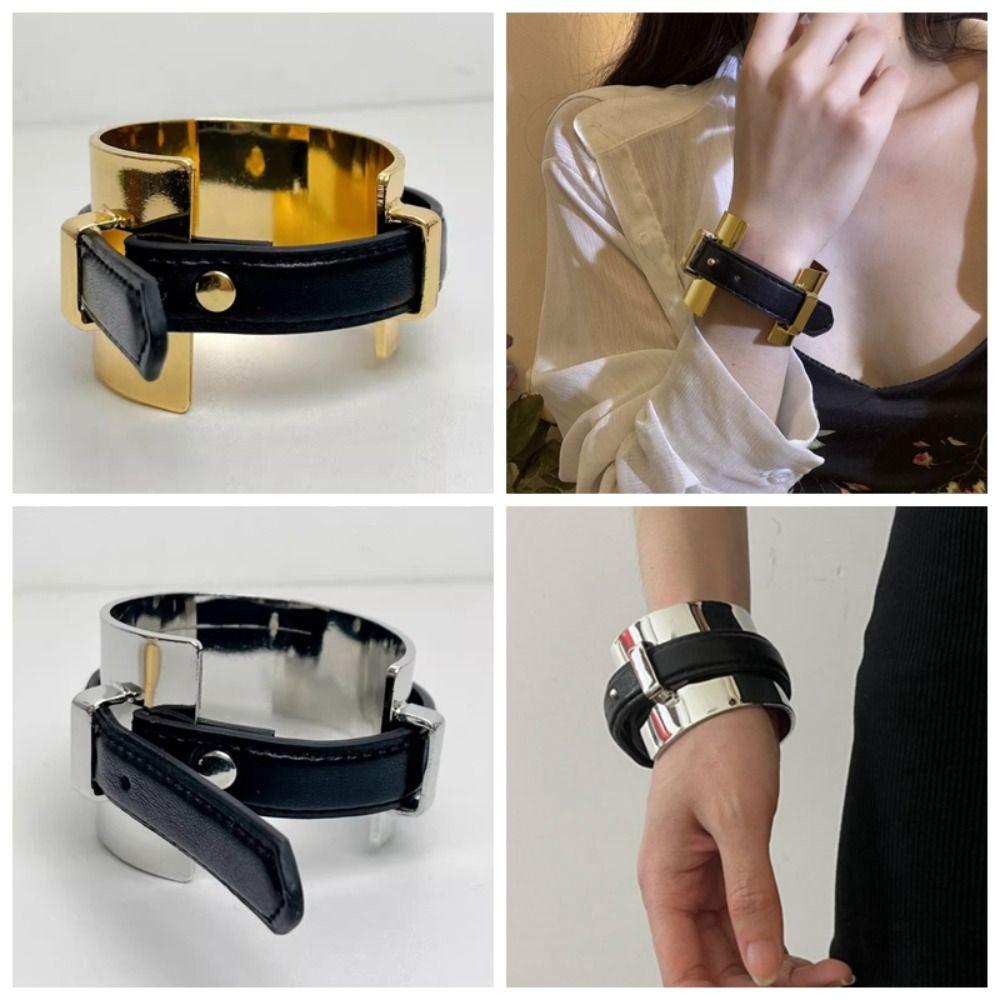 Golden Exaggerated Metal Bangle Armlet Women Open Bangle Belt Buckle Leather Bracelet  Party