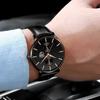 Мужские модные классические черные наручные часы, роскошные деловые часы Montre Homme, повседневные кожаные кварцевые часы для мужчин