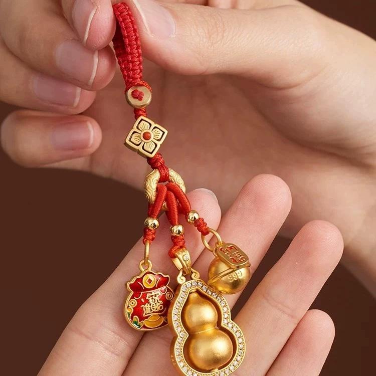 Creative Lucky Gourd Koi Keychain Sand Gold Pendant Safety Compass Charms Car Key Ring Bag Phone Accessories For Men Women