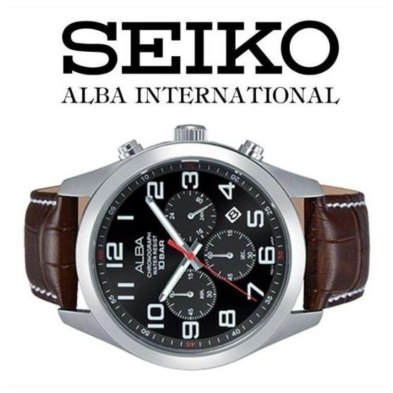 Б/у мужские часы Seiko ALBA хронограф, модель для зарубежного рынка, 10 Бар, коричневый кожаный ремешок, черный