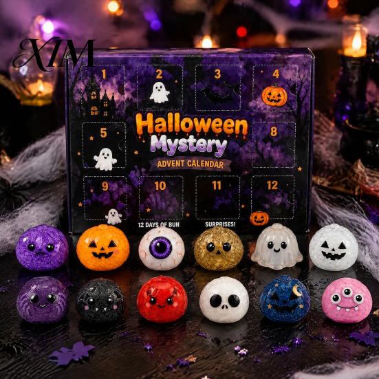 Halloween Squeeze Toys Advent Calendar, 12 Day Countdown with Soft Bun Party Favors Toys, Includes Ghost Pumpkin Sensory Fidget for Stress Relief