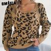 Женская мода, повседневный свитер с леопардовым принтом, осень-зима, с длинным рукавом и квадратным воротником, свободный цветной контрастный свитер