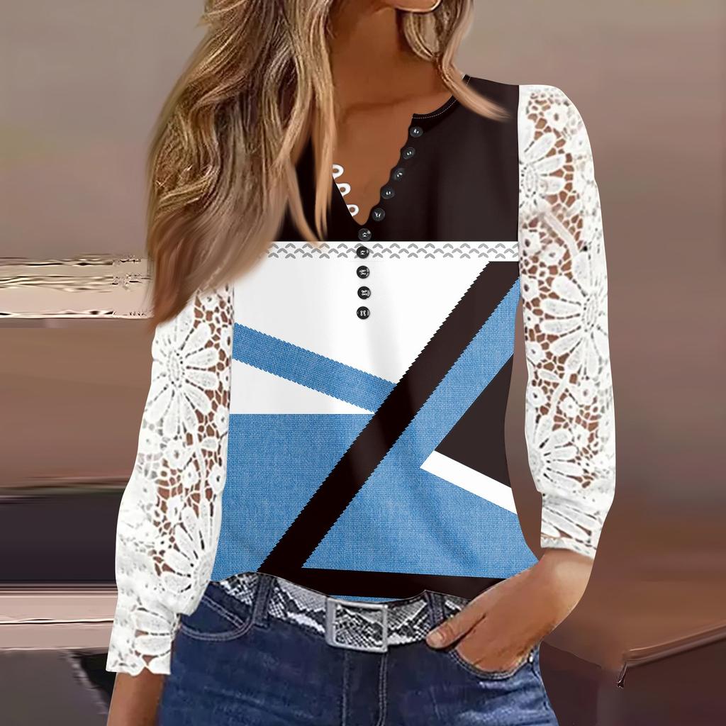 Women's T Shirt Tee Print Button Lace Long-sleeved  Daily Weekend Fashion Basic V- Neck Regular Top