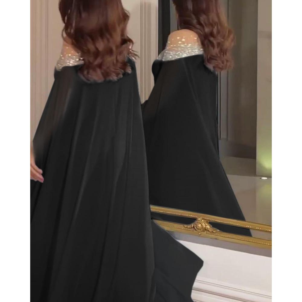 Women Elegant Round Neck Rhinestone Pearl Long Sleeves Kaftan Middle East Bride Bridesmaids Wedding Long Dress Gorgeous Party Maxi Ball Gowns
