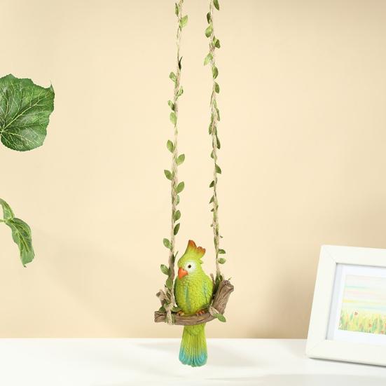 Parrot with Swing Waterproof Ornaments Decoration Hemp Resin Hanging Rope Simulated Green