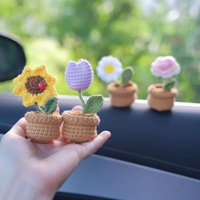 Вязаный вручную Сделай сам Мини-горшок Крючком Шерстяной Подсолнух Украшения для Украшения Центральной Консоли Салона Автомобиля Милое Растение Украшение Кукла