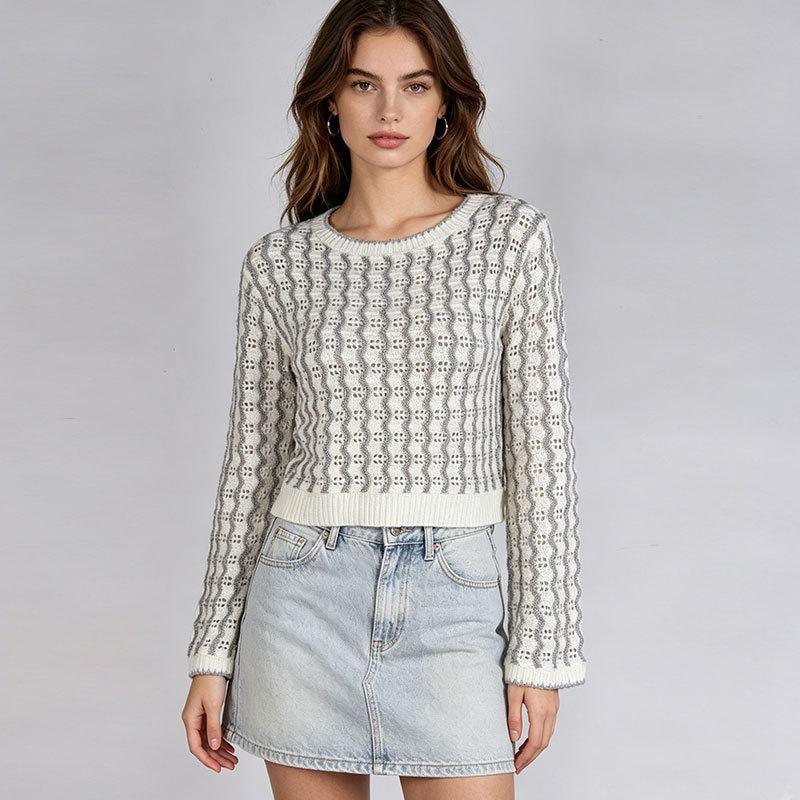 European And American Fashion Short Women'S Sweater Versatile Long-Sleeved Round Neck Pullover Knitted Top Women