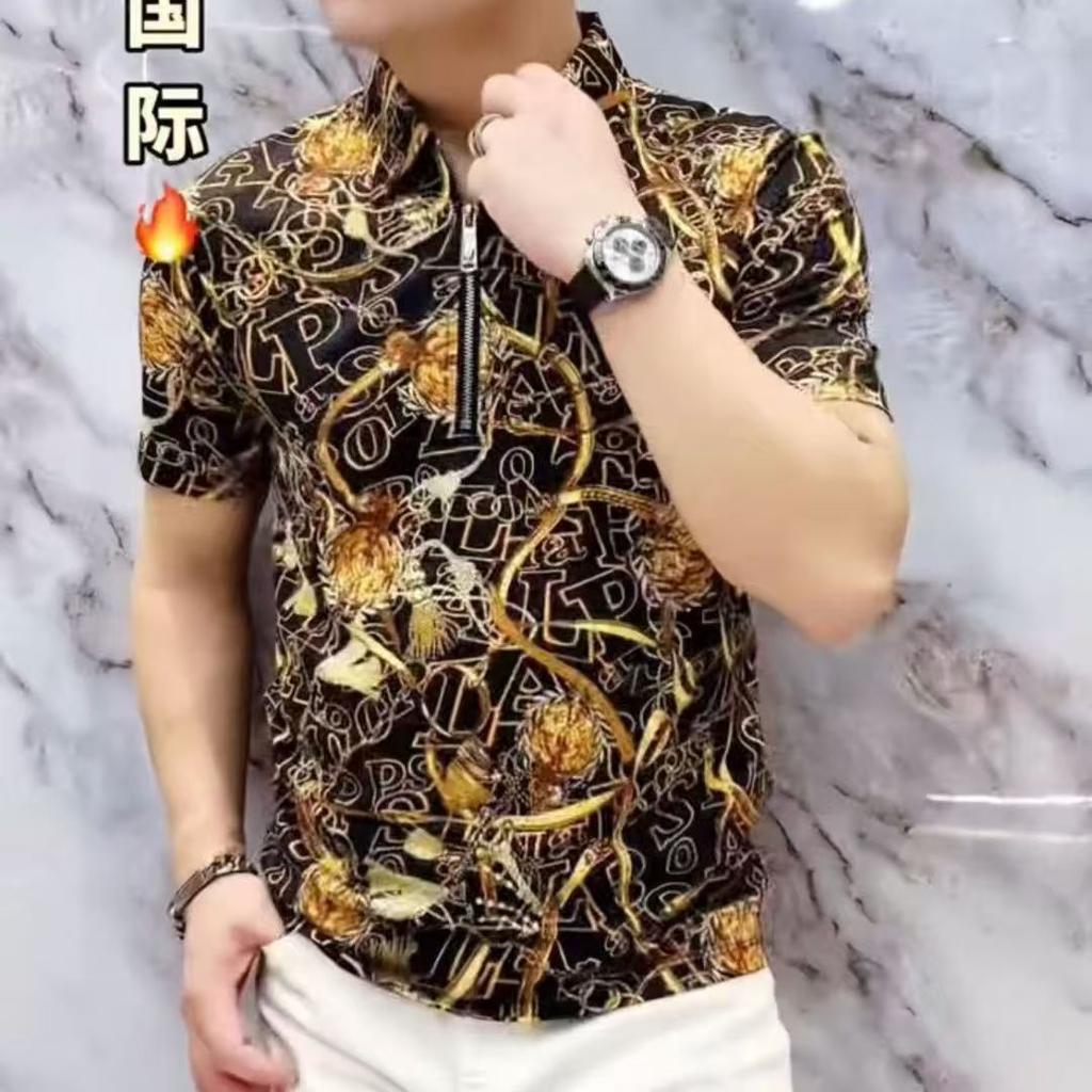 2025 Summer New Short Sleeve Men's Casual Trendy Printed High Elasticity Non-Iron Shirt Men's Zipper Short Sleeve