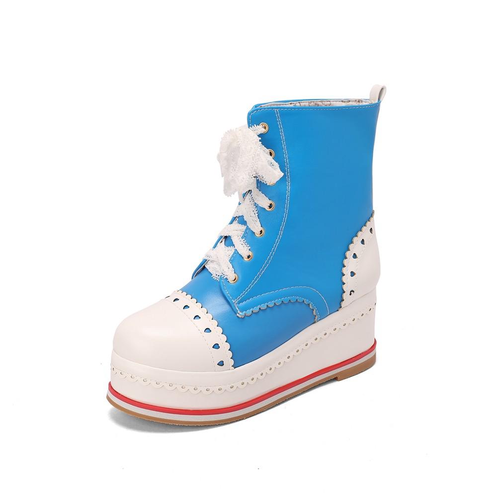 Lolita Style Sweet Girls Shoes Lace Up Platform Hidden Heels Wedges Princess Shoes Women Brock Ankle Boots Pink Plus Size 34-48