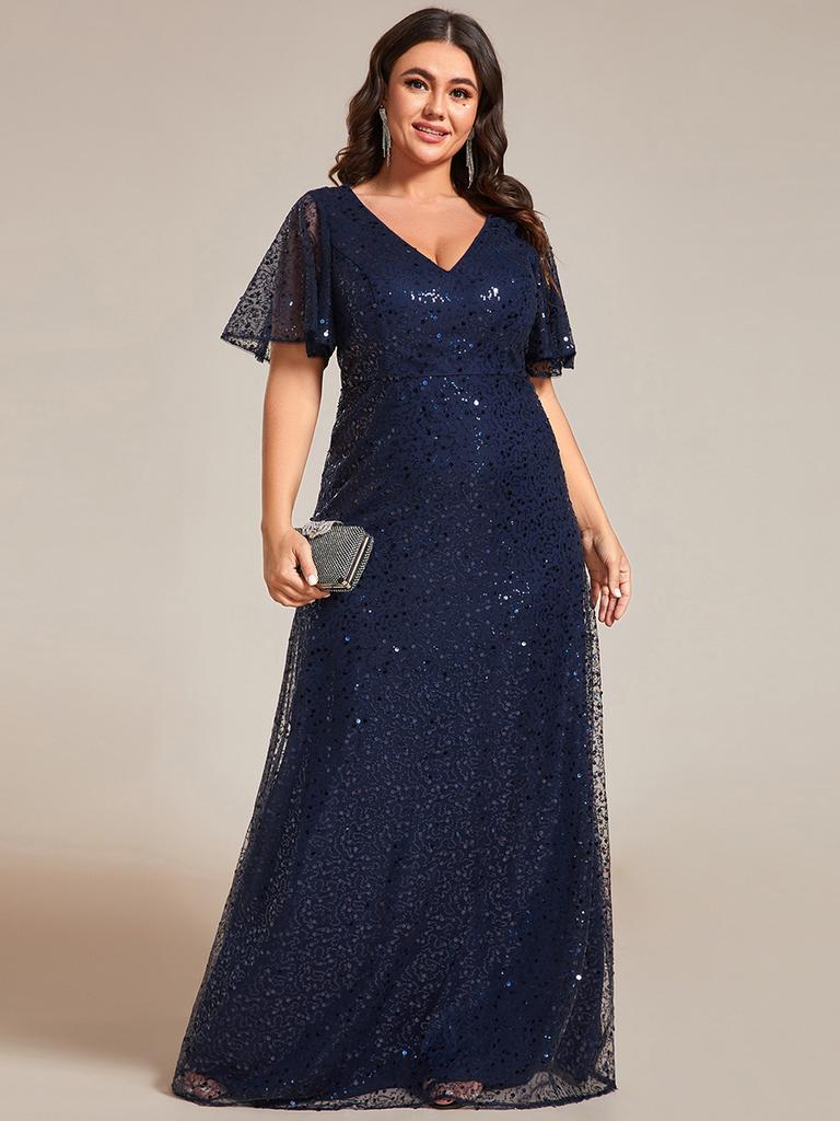 Ever-Pretty Women's Plus Size Shiny Sequin V-Neck A-Line Evening Dresses with Ruffles Sleeves