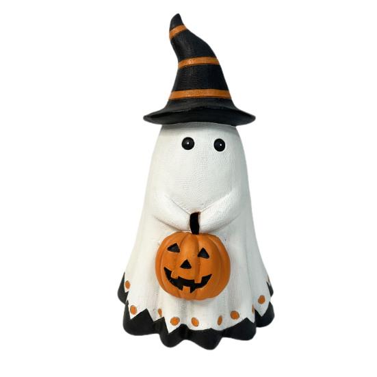 Хэллоуин Статуэтка Привидения Маленькое Белое Привидение с Тыквой Милая Фигурка Привидения из Смолы Настольное Украшение для Внутреннего/Наружного Хэллоуинского Декора