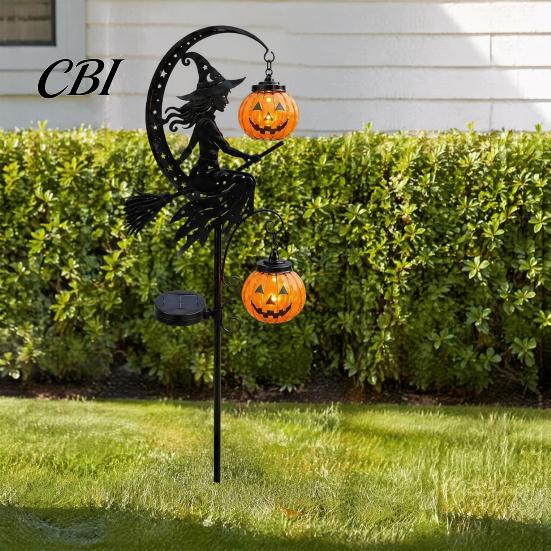 Outdoor Spooky Landscape Lighting Halloween Solar Garden Stake Light, Witch Pumpkin Moon Lantern, Decorative Path Lights IP44 Waterproof Metal