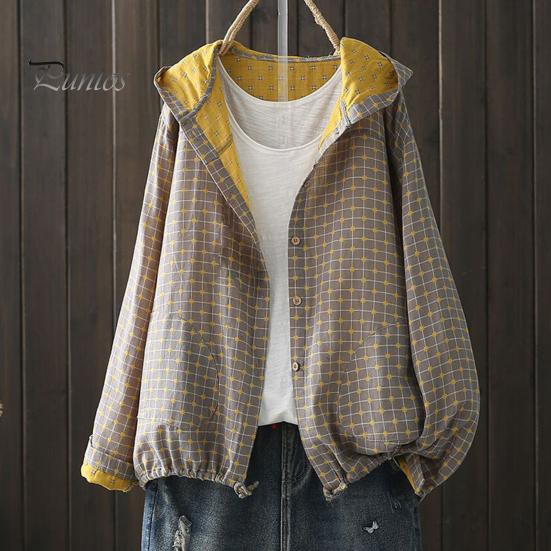 Women Spring Autumn Coat Hooded Drawstring Hem Long Sleeve Printing Loose Zipper Closure Jacket with Pockets Daily Wear Commuting Outerwear