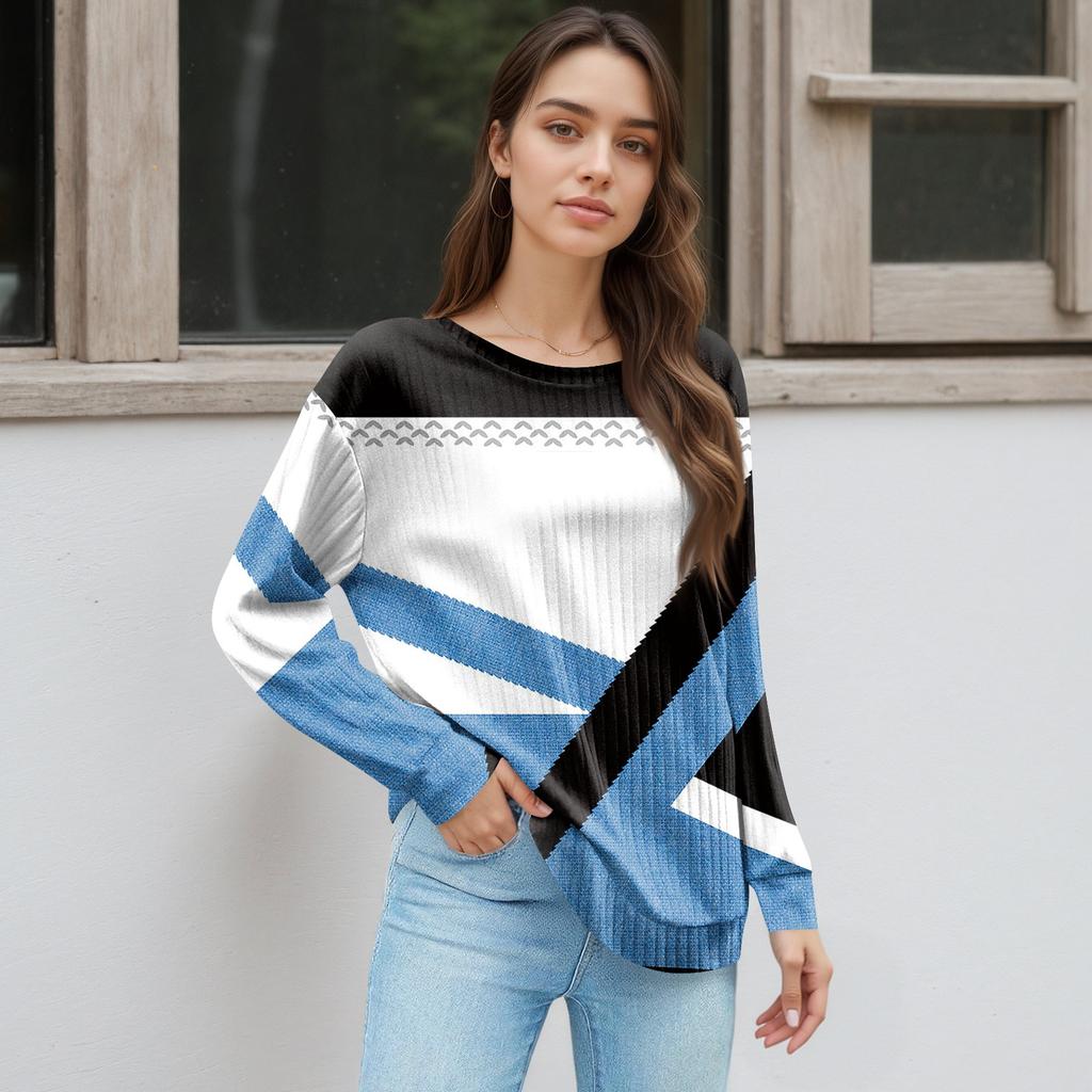 Women's Winter Color-Block Printed Lightweight Brushed-Cotton Round Neck Top