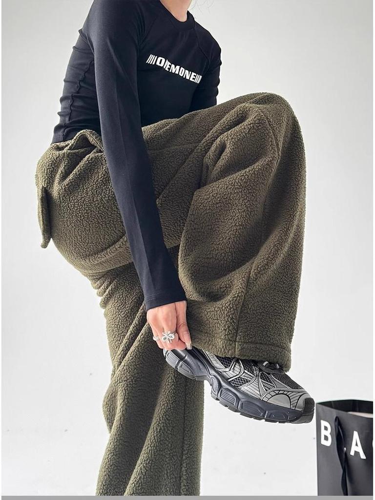 Женские плюшевые флисовые брюки с широкими штанинами - Высокая посадка, Свободный крой, Утепленные для зимы 2025