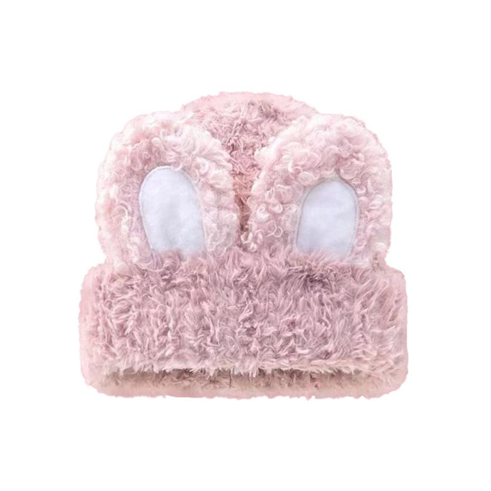 Elastic Rabbit Ear Beanies Solid Color Winter Outdoor Warm Cap Knitted Plush Hat Autumn Winter