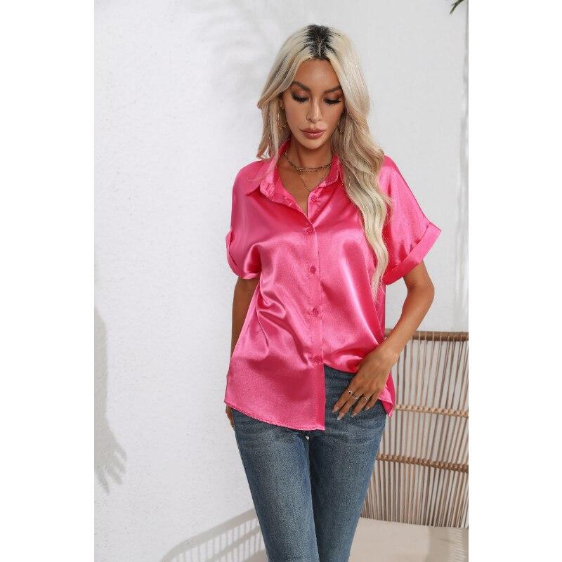Summer Silk Shirts Women Button Up Satin Blouse Loose Office Short Sleeve Ladies Tops Casual Shirt Elegant 26103