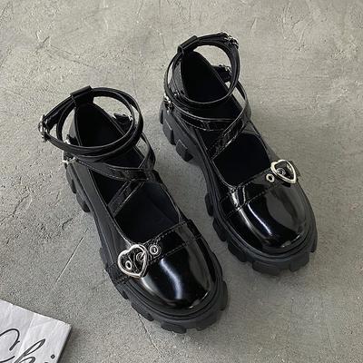 Милые туфли в стиле Лолиты, женская обувь с круглой головкой на толстом каблуке и перекрестной повязкой, кавайная обувь, туфли Мэри Джейн для косплея, с пряжкой в форме сердца, S1