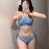 Корейский курортный стиль, стройнящее раздельное бикини в синюю и белую полоску с завязками - Купальник для горячих источников и пляжа.