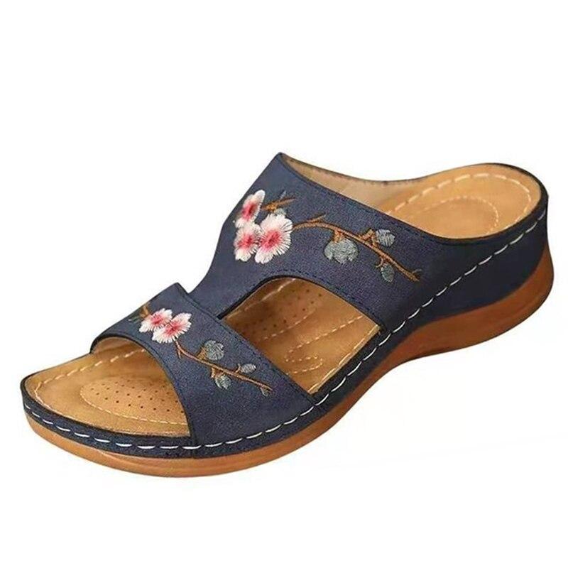 Summer Women Wedge Sandals Premium Orthopedic Open Toe Slipper Vintage Anti-slip Leather Casual Female Platform Embroidered Shoes