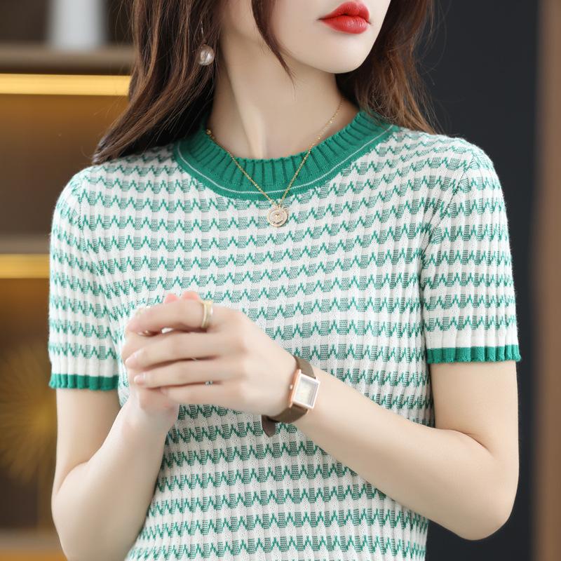 Полосатая трикотажная футболка с коротким рукавом женская весенне-летняя новинка круглый вырез сочетание цветов облегающий хлопковый топ