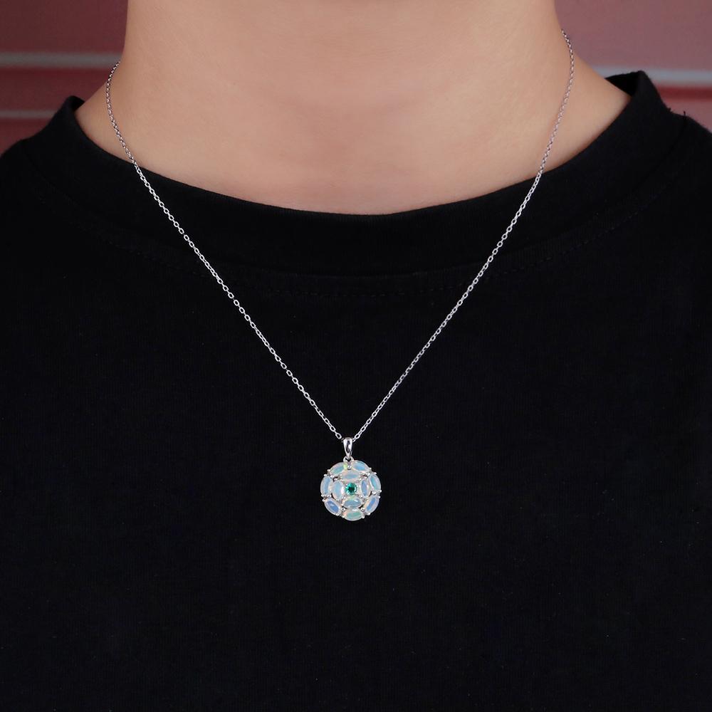 Colorful Natural Opal Gemstone with Green Emerald Pendant Necklace Fine Jewelry 925 Sterling Silver Gift for Women