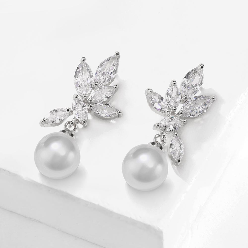 ZAKOL Classic Zircon Pearl Bridal Earrings for Women Shiny Leaf AAA CZ Crystal Gorgeous Wedding Party Jewelry