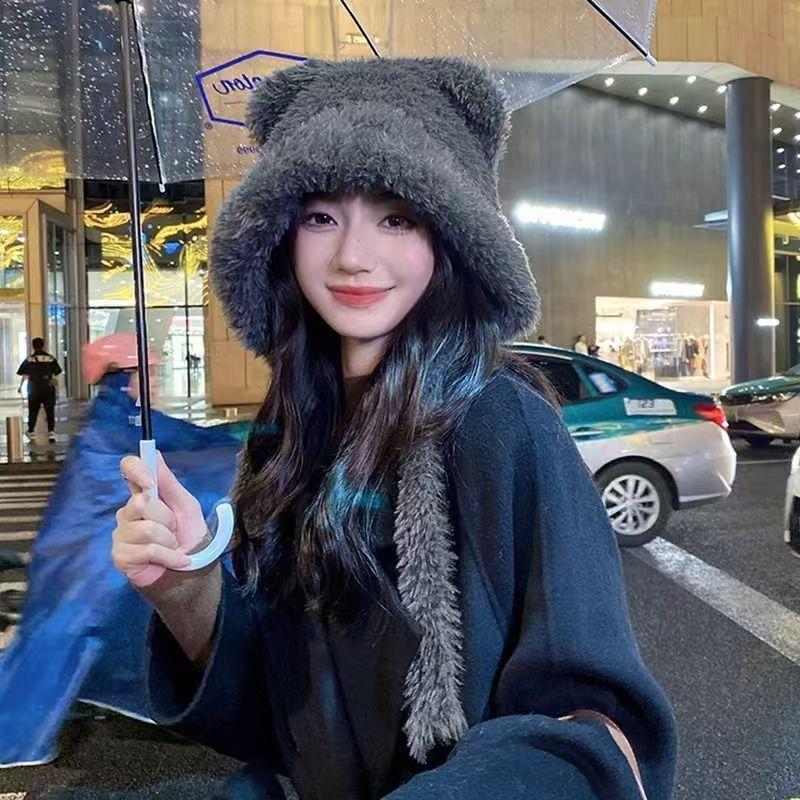 Новая зимняя шапка корейской версии, симпатичная, утолщенная, пушистая, с медвежьими ушками, защитная шапка с кошачьими ушками, теплая, со шнуровкой, термошапка