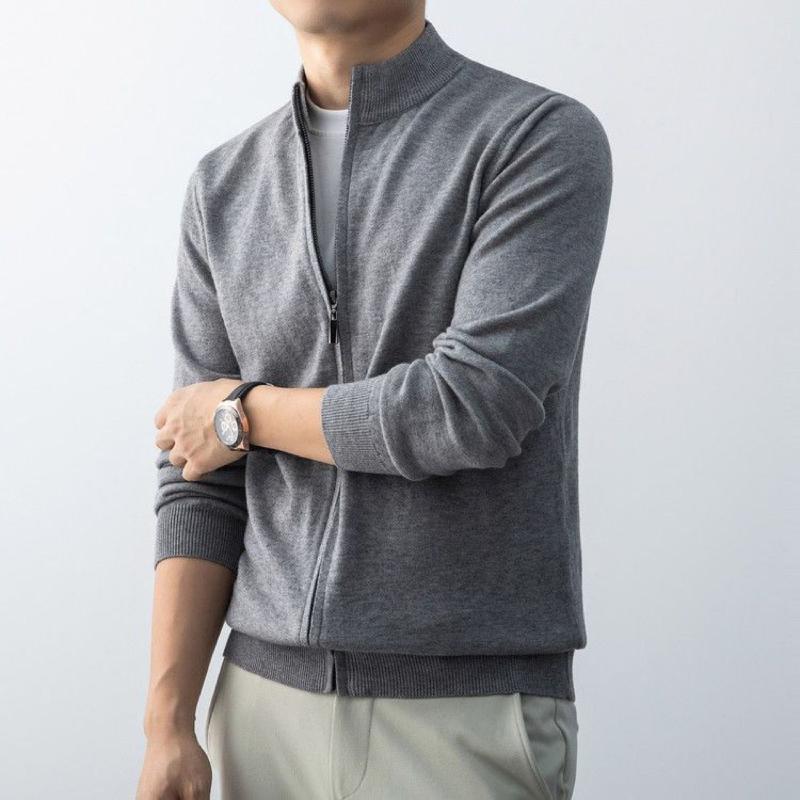Повседневный вязаный кардиган с воротником-стойкой, мужская одежда, стильная застежка-молния, осень-зима, винтажный, однотонный, базовый, с длинным рукавом, свитера